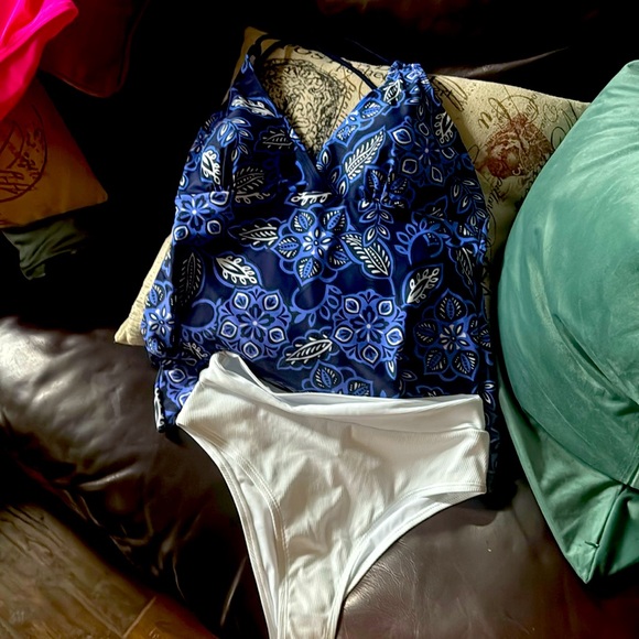 Blue Floral Swimsuit with white swim Bottom set - Picture 1 of 5
